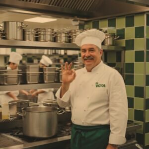 שף מחייך במדים עושה תנועת "אוקיי" בעודו עומד ליד סיר גדול במטבח.